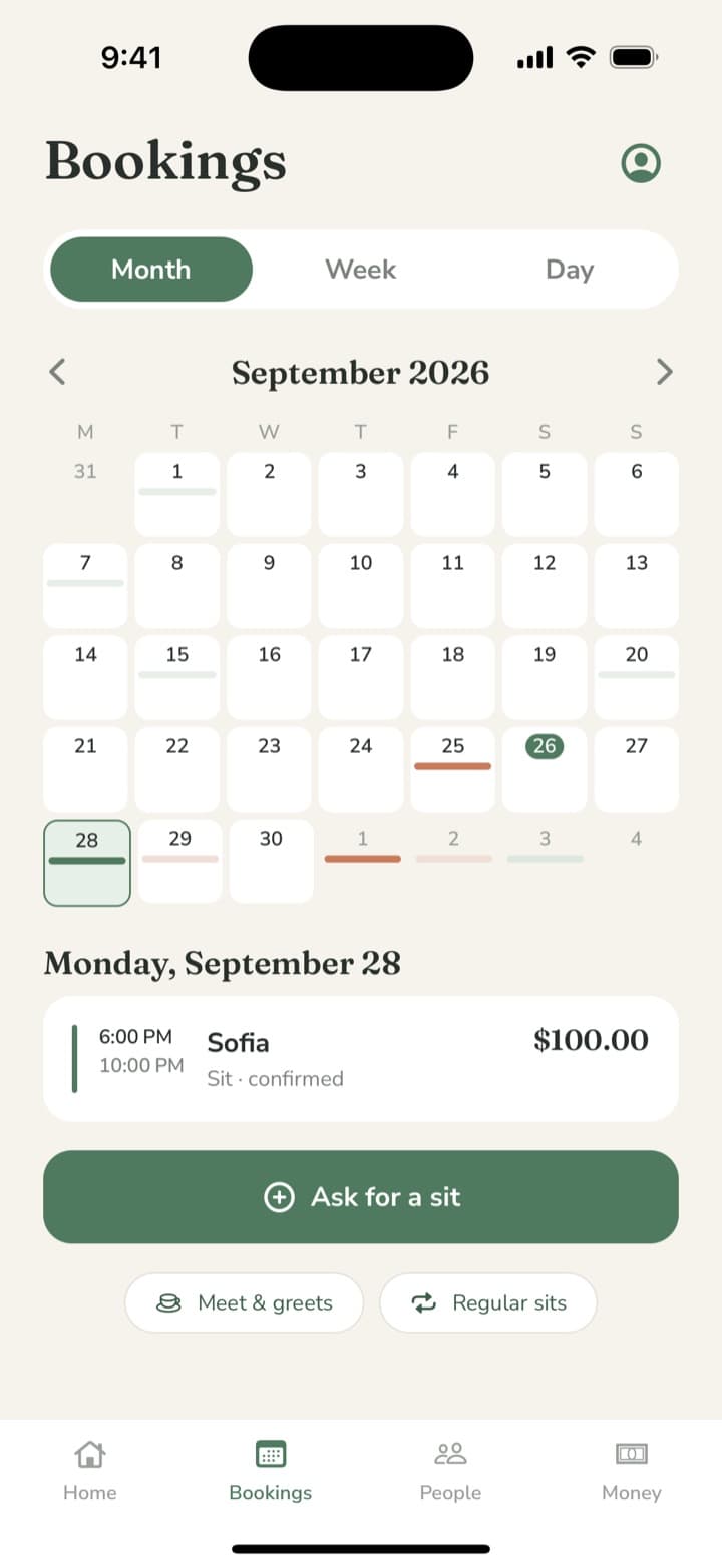 Hearth Bookings calendar for a family