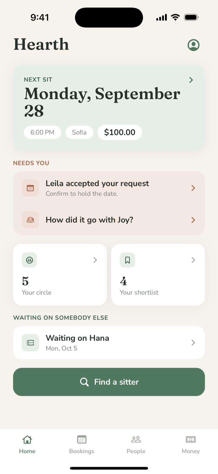Hearth Home screen with the next sit