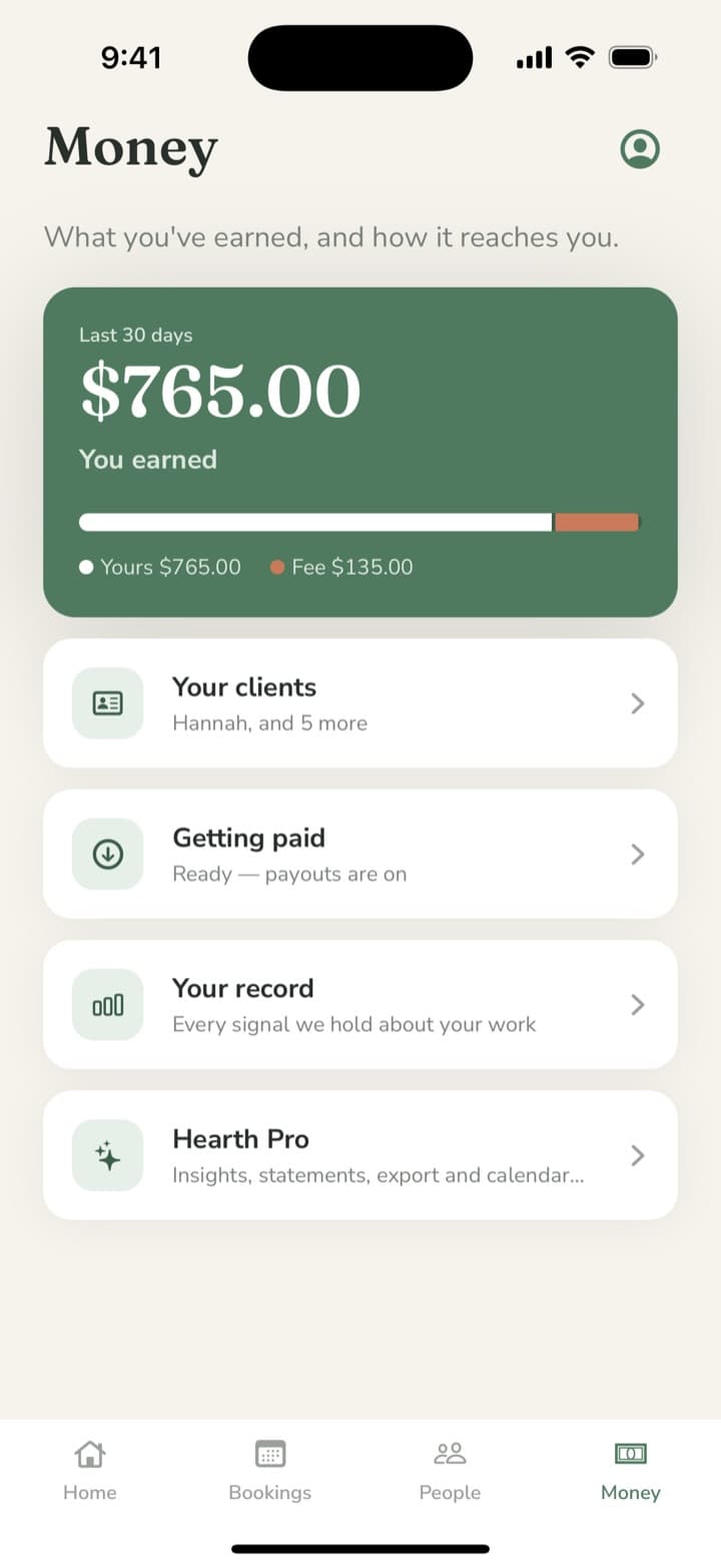 Hearth Money tab for a sitter