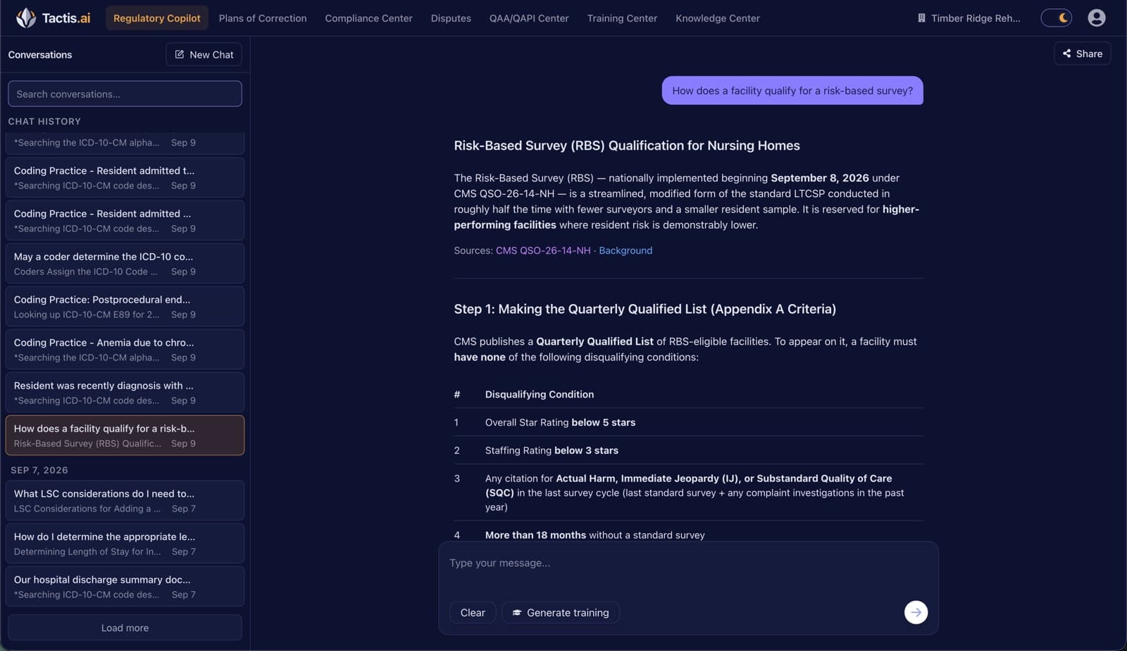 Tactis Regulatory Copilot answering with cited sources
