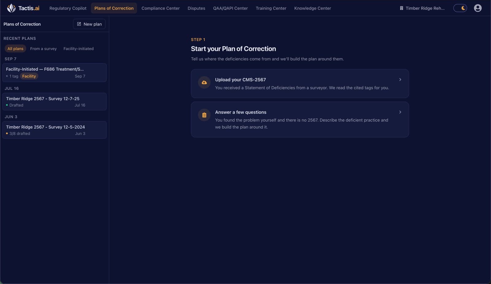 Tactis Plan of Correction start screen