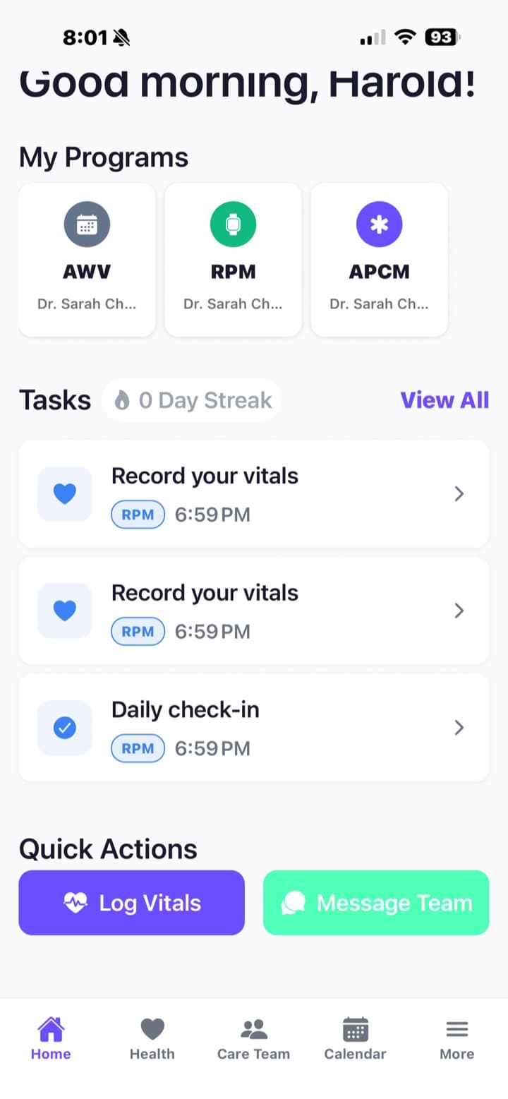 Wayvera patient app home screen
