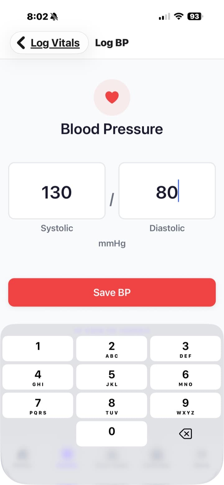 Wayvera patient app logging blood pressure