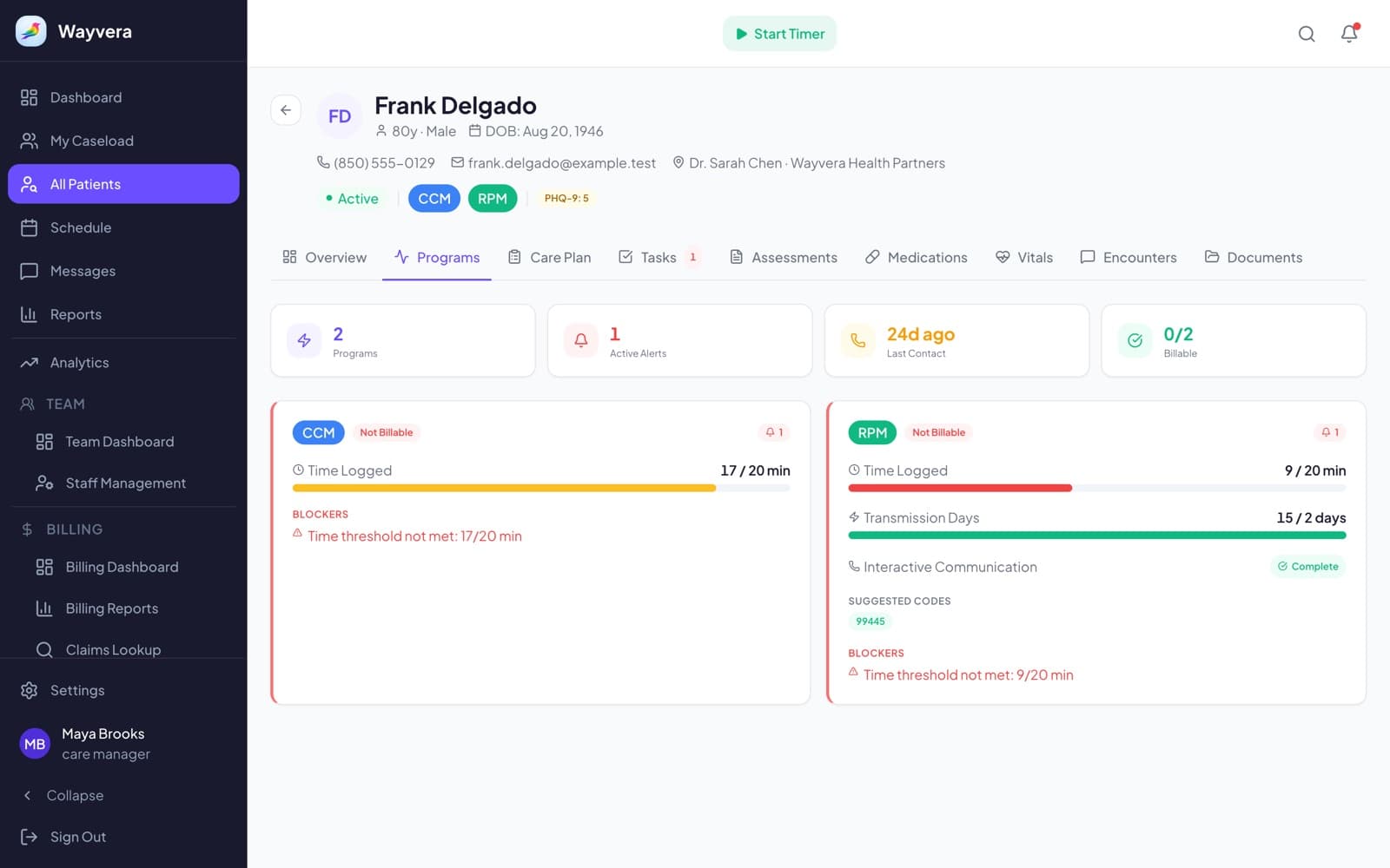 Wayvera program rules with thresholds and blockers for a patient